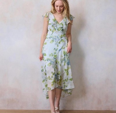 lauren conrad green floral dress LC White/Green Hi-Low Midi V-Neck Ruffle Cap 2 xx11Dec25-$7