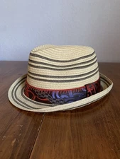 Robert Graham Paper Straw Fedora Hat Tan Black Colorful Silk Band Sz L/XL Derby