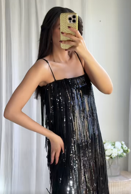 Zara ZW Collection Limited Edition Sequin Fringed Dress Black S M