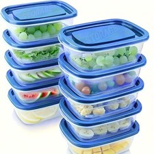 A Pack of 10 Blue Reusable Storage Containers with Lids - Stackable, Plastic