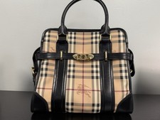 Burberry Beige Plaid Satchel Top Handle Bag Zip Buckle Gold Hardware