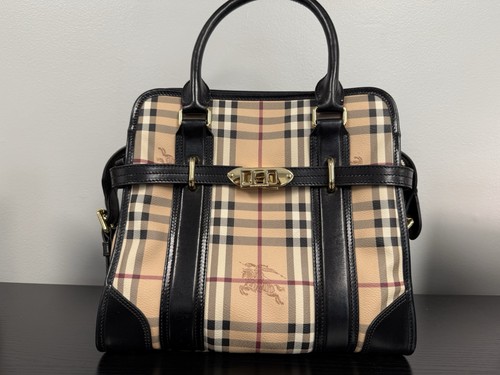 Burberry Beige Plaid Satchel Top Handle Bag Zip Buckle Gold Hardware