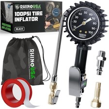 Rhino Usa Tire Pressure Gauge With Inflator 0-100 Psi - Braided Hose Heavy