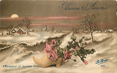 DB Postcard H448 Christmas Bonne Annee Dutch Shoes Clogs Holly Snow La Pensee