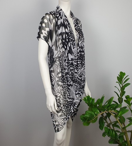 Lovers Brand Size 10 Short Tunic Dress Draped Cowl Neck Sheer Mesh White Black - Picture 6 of 11