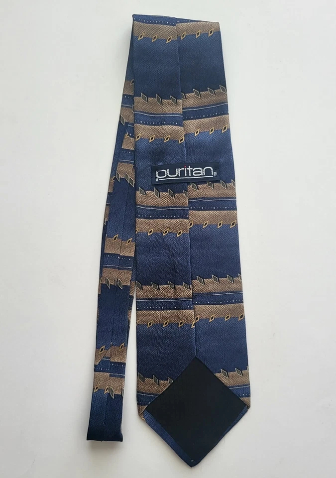 Пуританский полностью шелковый синий и коричневый бриллиант геометрический принт мужской галстук - Изображение 3 из 4