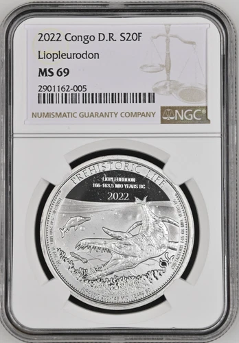 2022 CONGO D.R. 20F  1 OZ $2 PREHISTORIC LIFE - LIOPLEURODON - NGC MS69 - SILVER