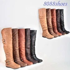 Women's Round Toe Low Flat Heel Buckle Slouchy Thigh High Boot Shoes Size 5 - 10