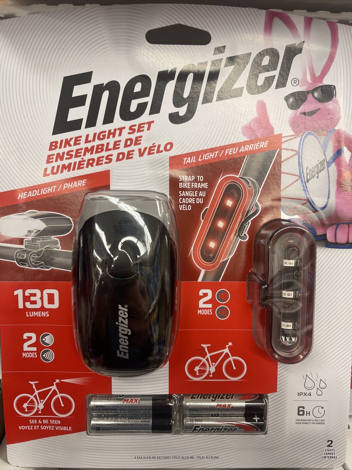 Energizer Bike Light Set Headlight & Tail Light 130 Lumens w/ 2 modes