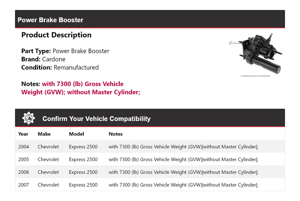 Booster de freno eléctrico Cardone 2005 2006 para Chevrolet Express 2500 2004-2007 Foto 2 de 3