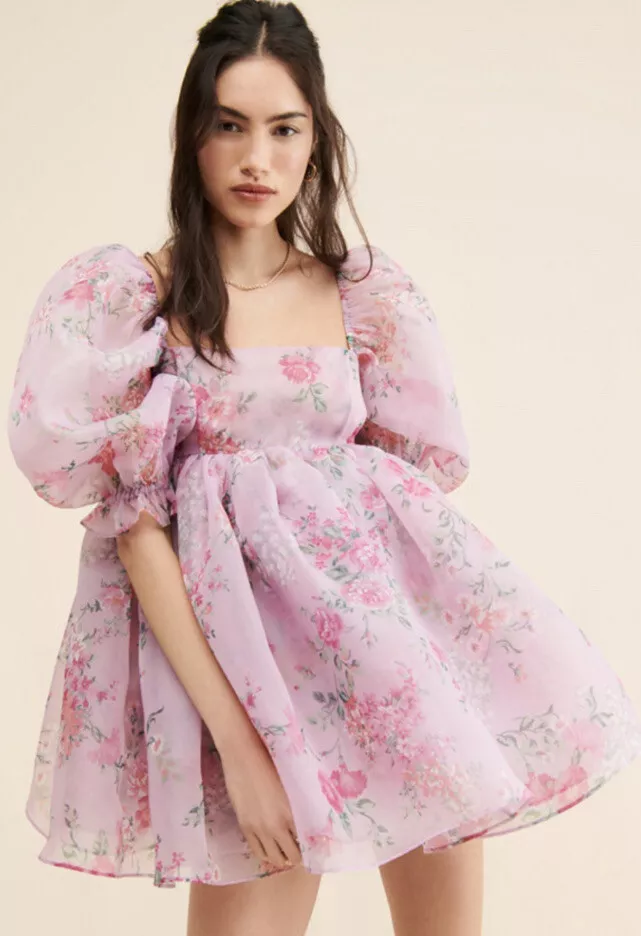 Free people X Selkie the Puff Puffy Pink Floral Mini Babydoll Dress