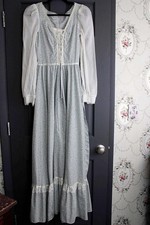 Vtg Gunne Sax Maxi Corset Dress, Blue Calico Floral 1970s Prairie Gown, XS