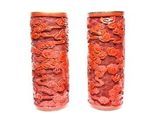 Carved Asian Dragon Resin Cylinders Pair Oriental Decor Vintage Style