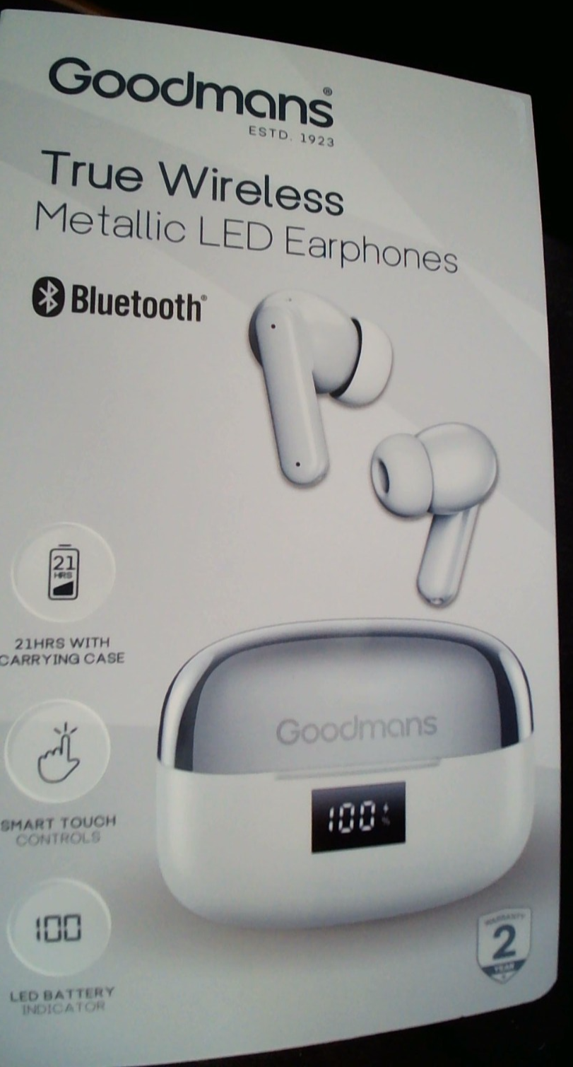 Goodmans True Wireless Metallic LED Earphones. Grey. 21 Hrs. Smart Touch.