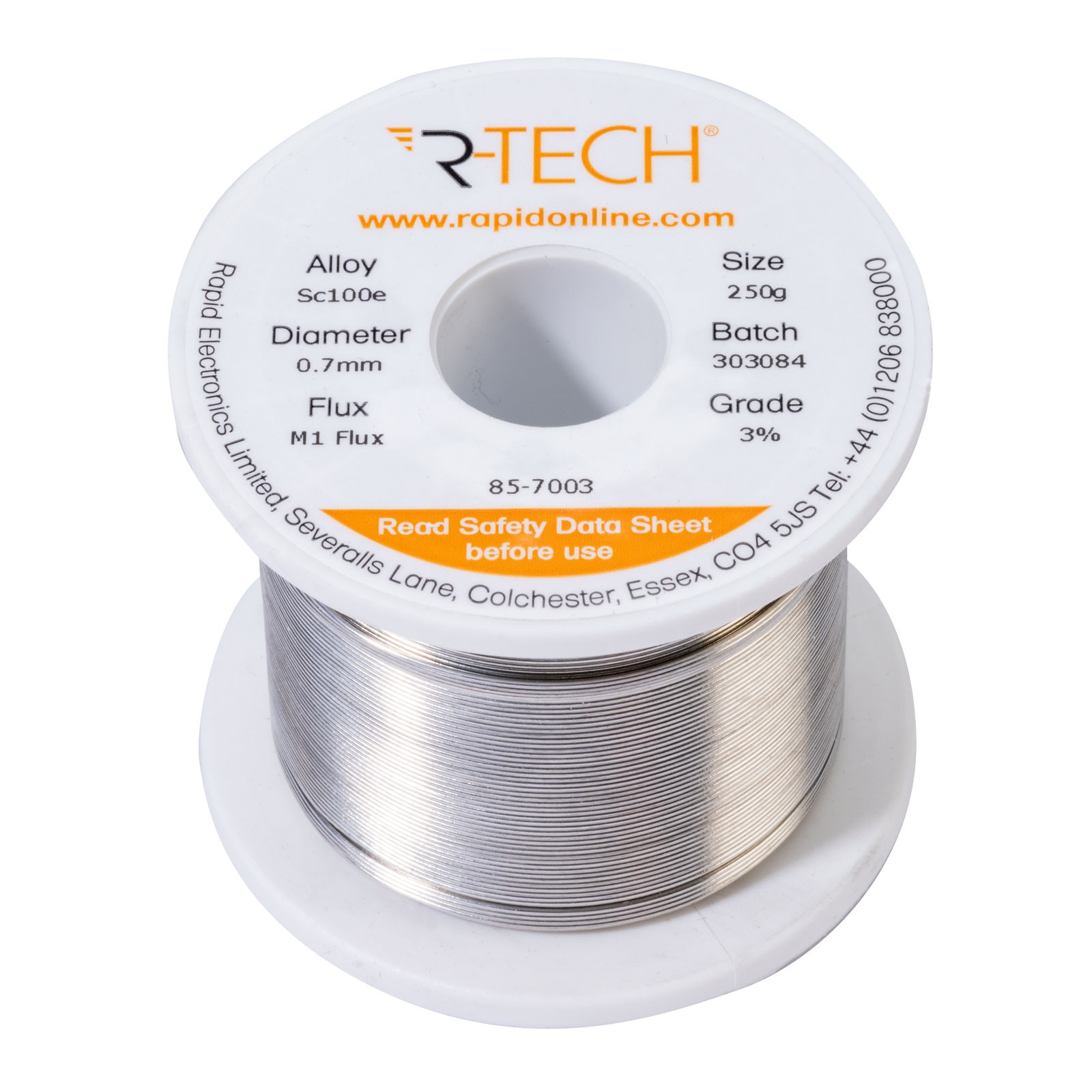 R-TECH SC100e Solder 3% M1 Flux 0.5-2% Halide 0.7mm 250g Reel