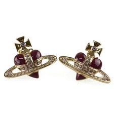 NEW Vivienne Westwood Earrings Pierce Diamante Heart Gold Purple 2.5 IN BOX