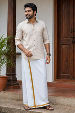 Men  s Cotton Single Layer White Dhoti with Gold Jari Border  Traditional Wear