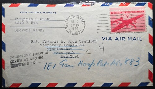 1944 WWII Airmail Cover Spokane WA to APO 13150 – 6¢ Transport Stamp