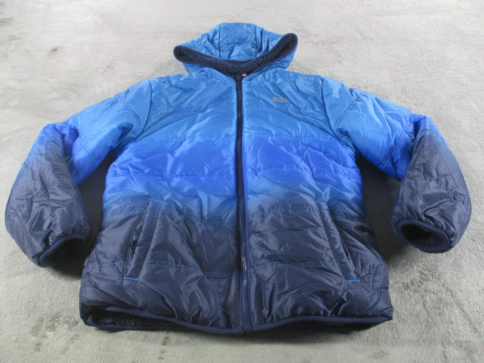 Eddie Bauer Jacket Youth Large 14/16 Blue Reversible Hooded Sherpa Puffer
