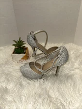 DELICACY WOMEN'S SILVER HEELS PLATFORM SILVER RHINESTONE STILETTO SHOES SIZE 10
