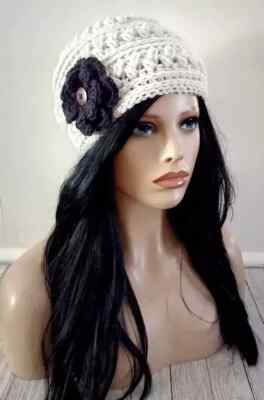 handmade crochet womans flower hat beanie black aran cream white puffs new