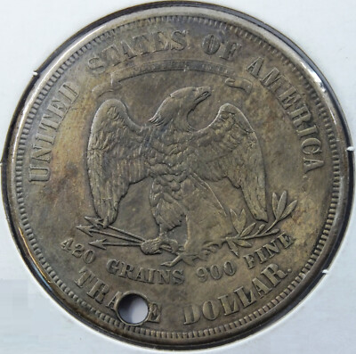 1875-S United States Silver Trade Dollar - Hole in Coin - Toning