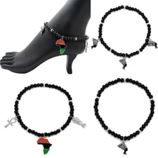 Women's Africa, Nefertiti, Ankh Charm 6mm 10" Stretch Wooden Bead Anklet 