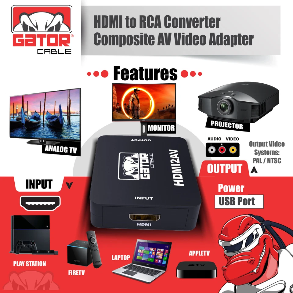 HDMI to RCA AV HD Converter Adapter Composite Cable CVBS 3-RCA Audio Video 1080P - Image 3 of 4