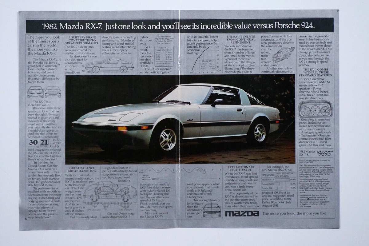 1982 Mazda RX 7 Vintage Centerfold Original Print Ad 16 x 11
