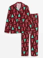 Old Navy NWT Small Woman Burgundy Flannel Pajama Set Festive Holiday Santa Trees