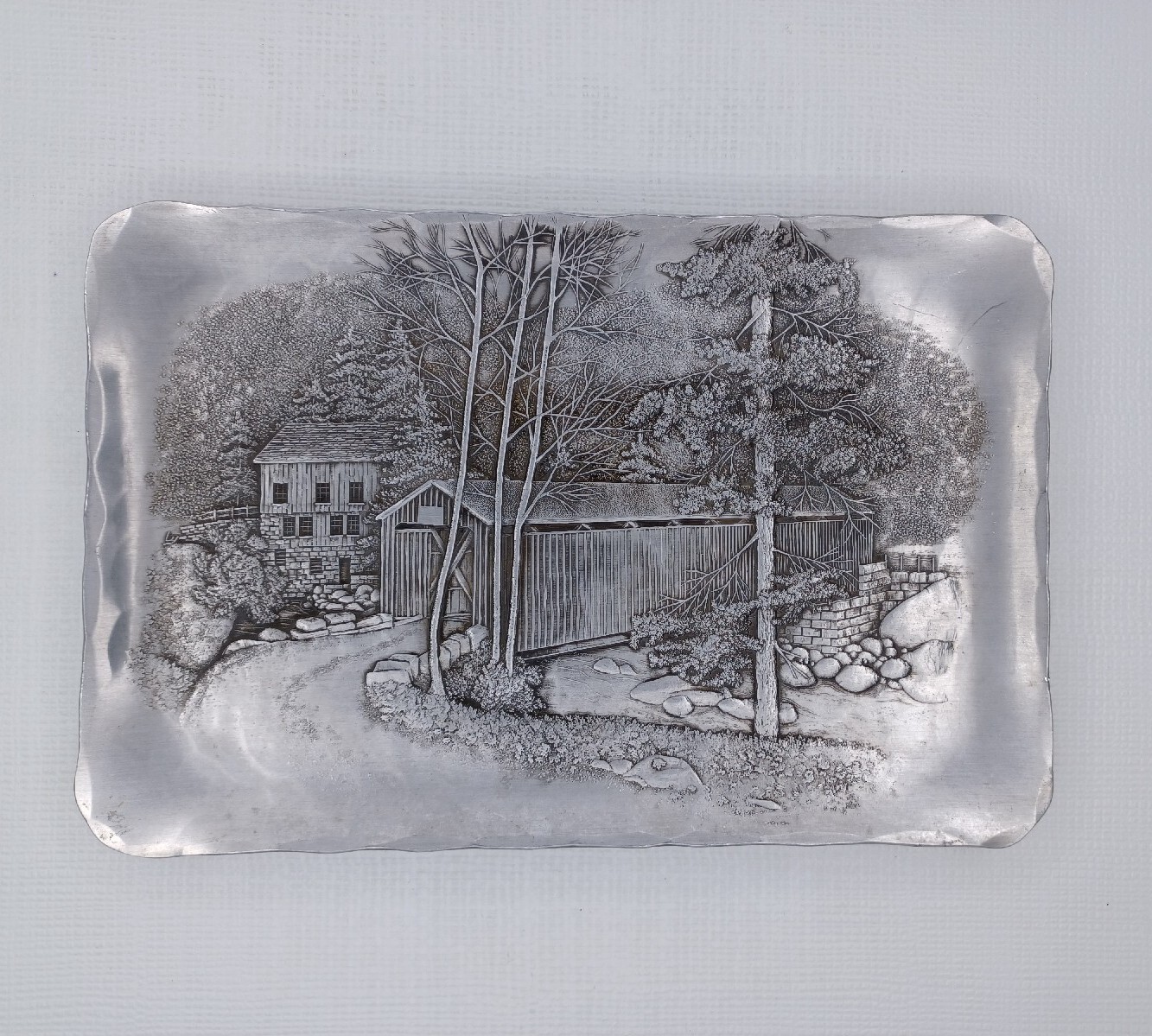 Wendell August Forge Hammered Aluminum Tray 6" x 9" Covered Bridge Scene