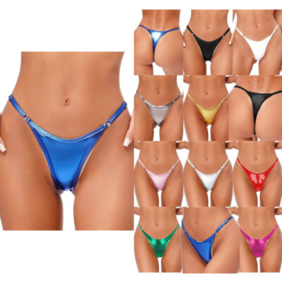 Women Shiny Metallic Low Rise G-String Thong Micro Briefs T-Back Bikini Swimsuit