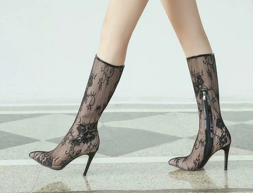 Sexy kniehohe Damenschuhe Spitze Netz Reißverschluss hohe Absätze spitz zulaufend Größe US3-14 - Bild 14 von 17