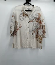 Citron Santa Monica Shirt Womens 1X Silk Linen Floral Paisley Button Up Blouse