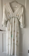 Namaste India White Embroidered Maxi Dress V Neck Back Tie Boho Peasant