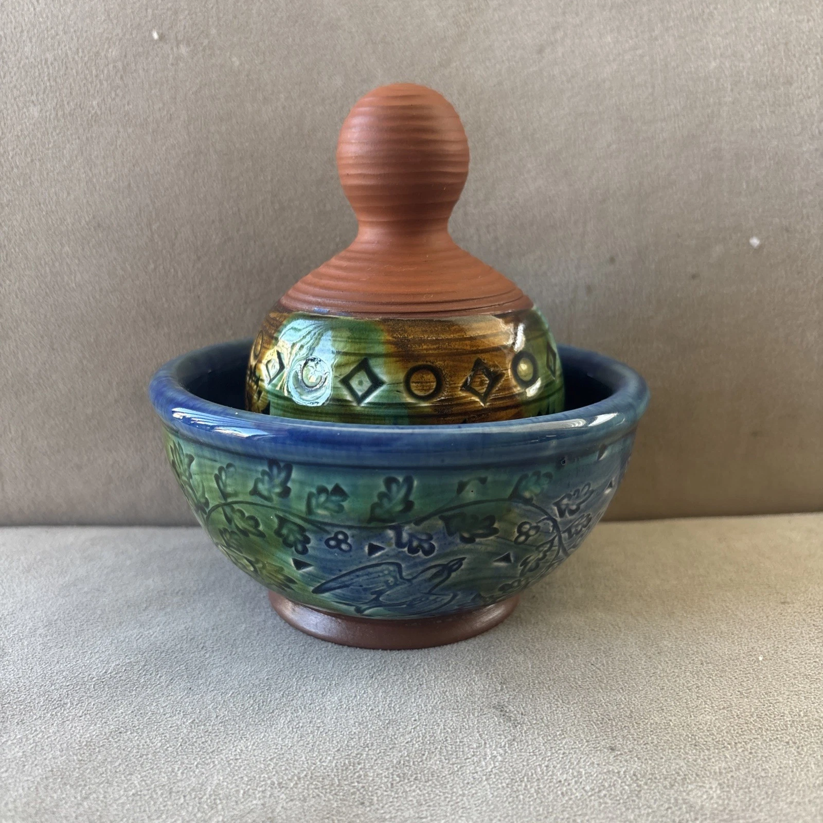 Vintage Terra Cotta Pottery blue green glaze mortar and pestle
Opens in a new window or tab