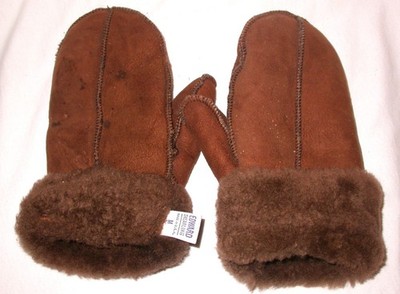 Vintage Shearling Mittens Handmade Womens M Brown Leather Gloves 70s Edward USA