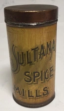 ANTIQUE ADVERTISING SULTANA SPICE MILLS CLOVES SPICE TIN CAN A & P GRANDMOTHERS
