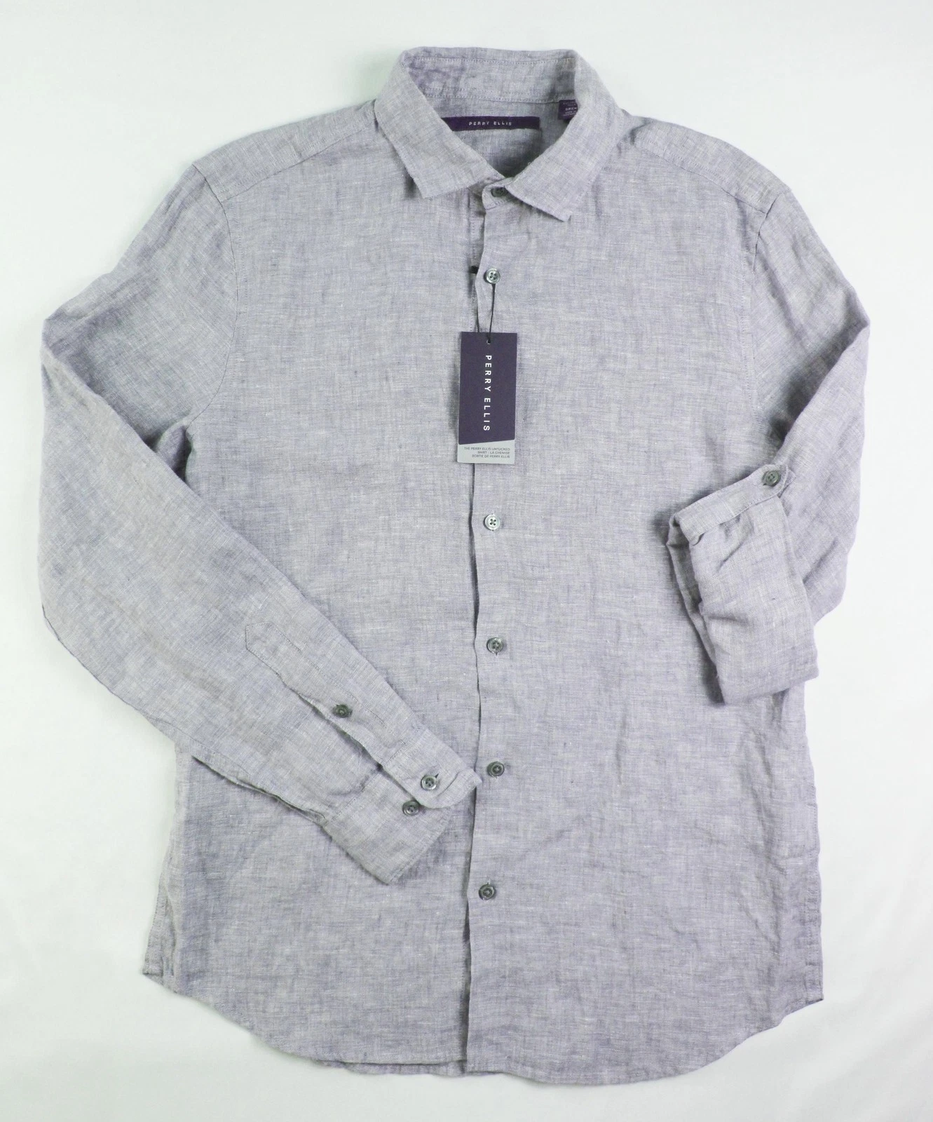 Perry Ellis Shirt Mens S Blue Linen Long Sleeve Button Front Casual $89 NEW