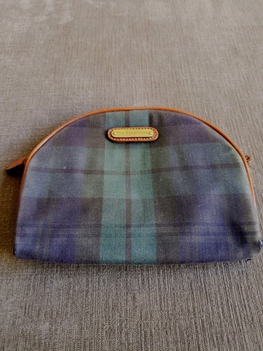 Vtg POLO RALPH LAUREN Green Plaid Canvas Lthr Cosmetic Make Up Bag Zip 6"x7.5"