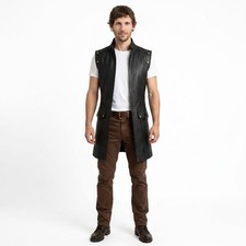 Mens Black Leather Long Vest Sleeveless Motorcycle Biker Western Waistcoat US