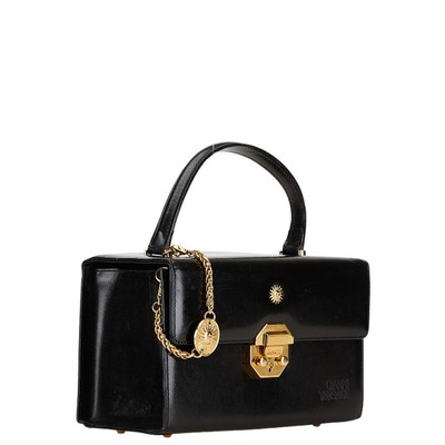 バッグ VERSACE Sunburst Logo Leather Handbag Versace Sunburst Logo Black Leather Handbag Vanity Bag for Women