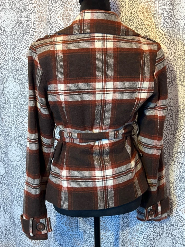 Chaqueta de chaquetón Decree para mujer marrón y rojo a cuadros de doble botonadura talla L Foto 3 de 4