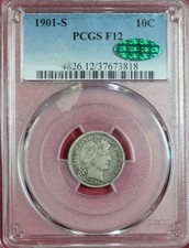 1901-S BARBER DIME PCGS/CAC F12