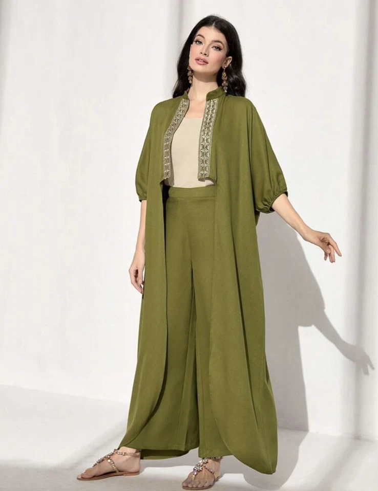 Conjunto de 2 piezas de abrigo y pantalones de pierna ancha con manga de murciélago cinta en contraste Al Najma Foto 4 de 4