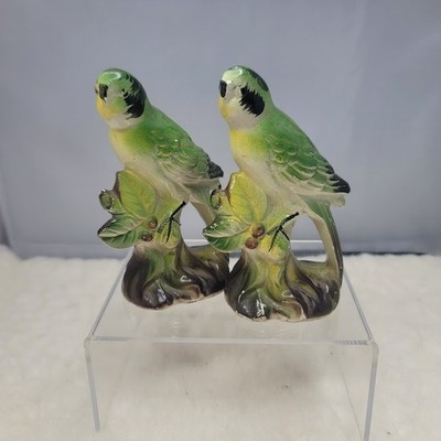 Vibrant Hand-Painted Japanese Ceramic Parakeet Duo 1960s Green Yellow Kitschy