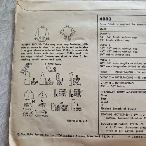 Vintage 1950 Blouse Pattern Yoked Front Long Short Simplicity 4883 Sz16 B34 - Picture 2 of 7