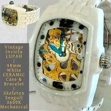 48mm White CERAMIC Case & Bracelet Skeleton Dial Mechanical LUPAH Invicta Watch