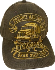 Ball Cap Hat ADJ Strap Back Freight Hauling Trucker Gold Brown Semi Truck