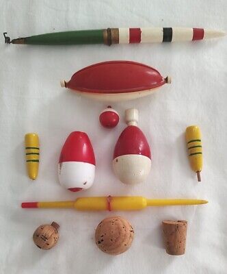 FISHING BOBBERS, FLOATS. WOOD, CORK, PLASTIC. SOME OLD